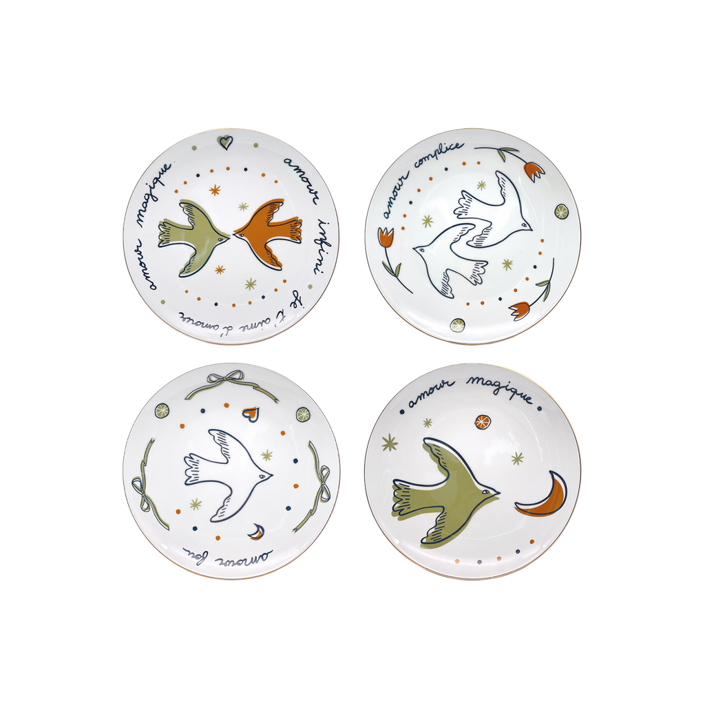 Set de 4 assiettes dessert amour oiseaux